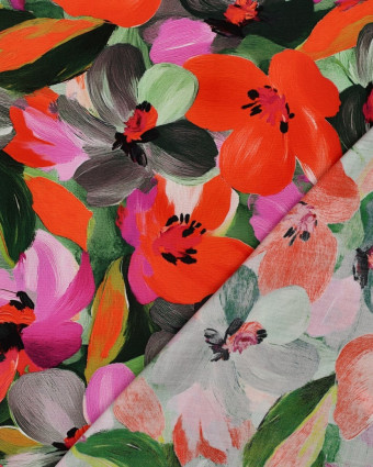 Viscose Ecovero Motif Fleuri Mauve et Orange - Mercerine