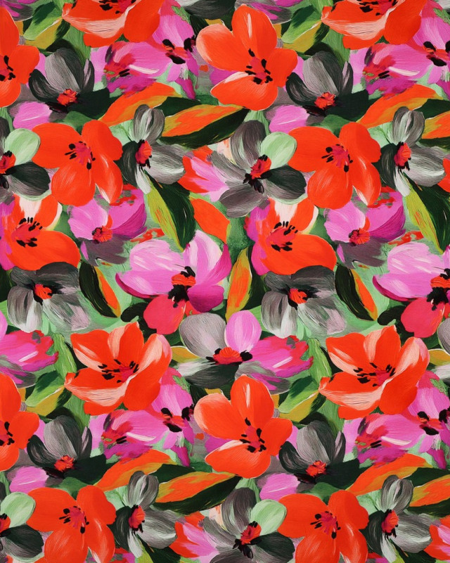 Viscose Ecovero Motif Fleuri Mauve et Orange - Mercerine