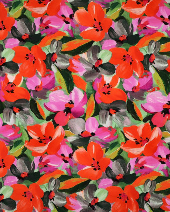 Viscose Ecovero Motif Fleuri Mauve et Orange - Mercerine