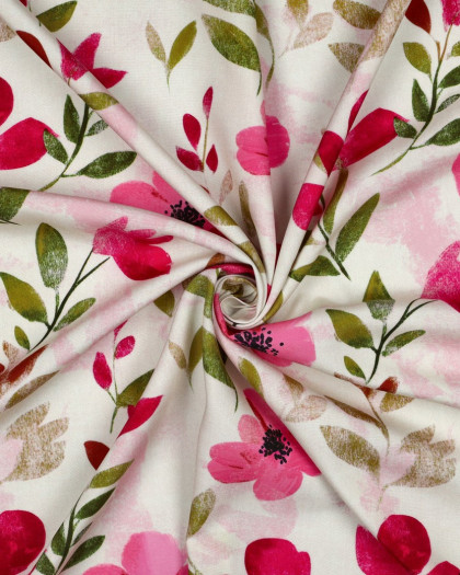 Viscose Imprimé Digital Ecrue Motif Fleuri Rose - Mercerine