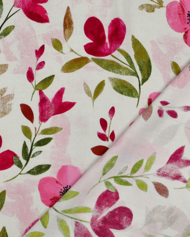 Viscose Imprimé Digital Ecrue Motif Fleuri Rose - Mercerine