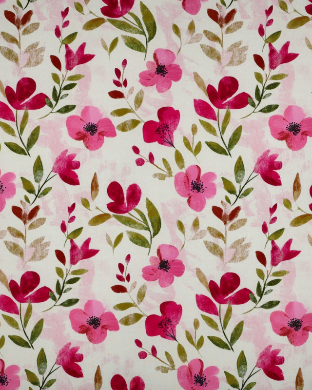 Viscose Imprimé Digital Ecrue Motif Fleuri Rose - Mercerine
