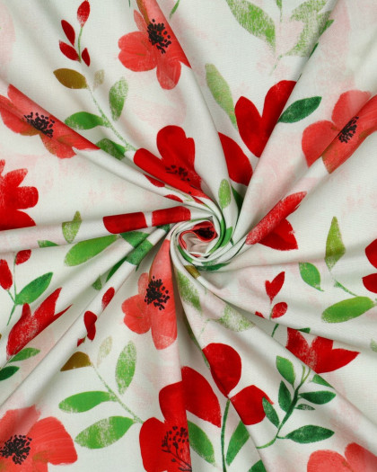 Viscose Imprimé Digital Ecrue Motif Fleuri Rouge - Mercerine