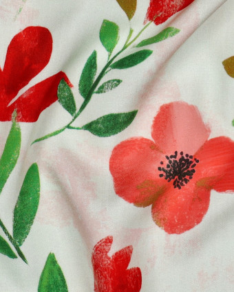 Viscose Imprimé Digital Ecrue Motif Fleuri Rouge - Mercerine