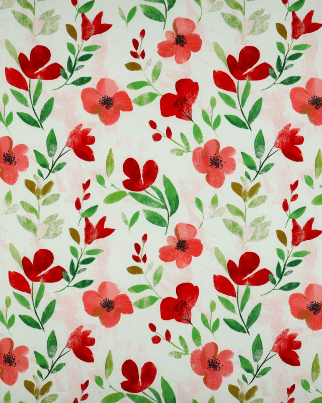 Viscose Imprimé Digital Ecrue Motif Fleuri Rouge - Mercerine