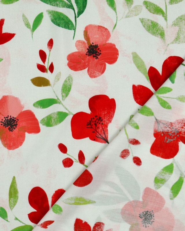 Viscose Imprimé Digital Ecrue Motif Fleuri Rouge - Mercerine