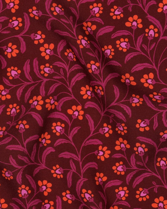 Viscose Prune Petites Fleurs Mauve Orange - Mercerine