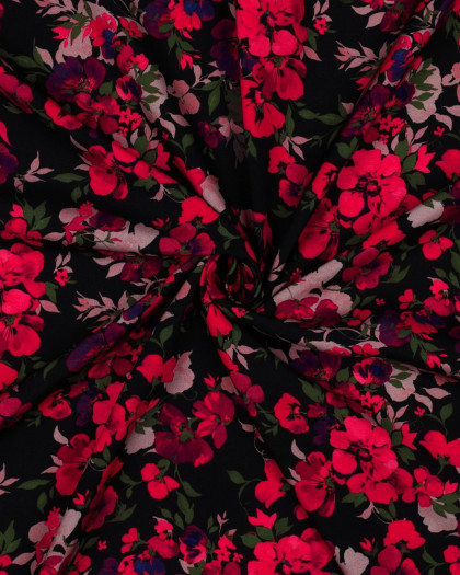 Viscose Ecovero Fleurs Framboise Fond Noir - Mercerine