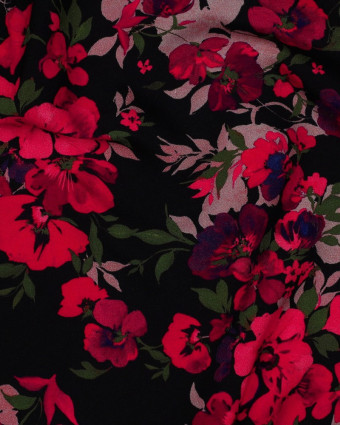 Viscose Ecovero Fleurs Framboise Fond Noir - Mercerine