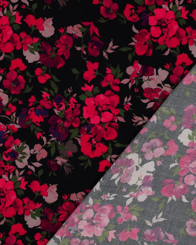 Viscose Ecovero Fleurs Framboise Fond Noir - Mercerine