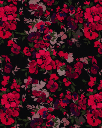 Viscose Ecovero Fleurs Framboise Fond Noir - Mercerine