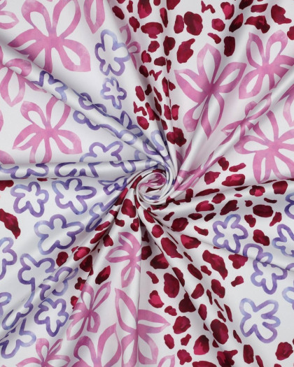 Tissu Micro Satin Motif Léopard Fleuri Fond Blanc - Mercerine