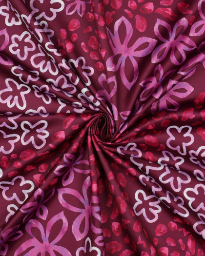 Tissu Micro Satin Motif Léopard Fleuri Fond Prune - Mercerine