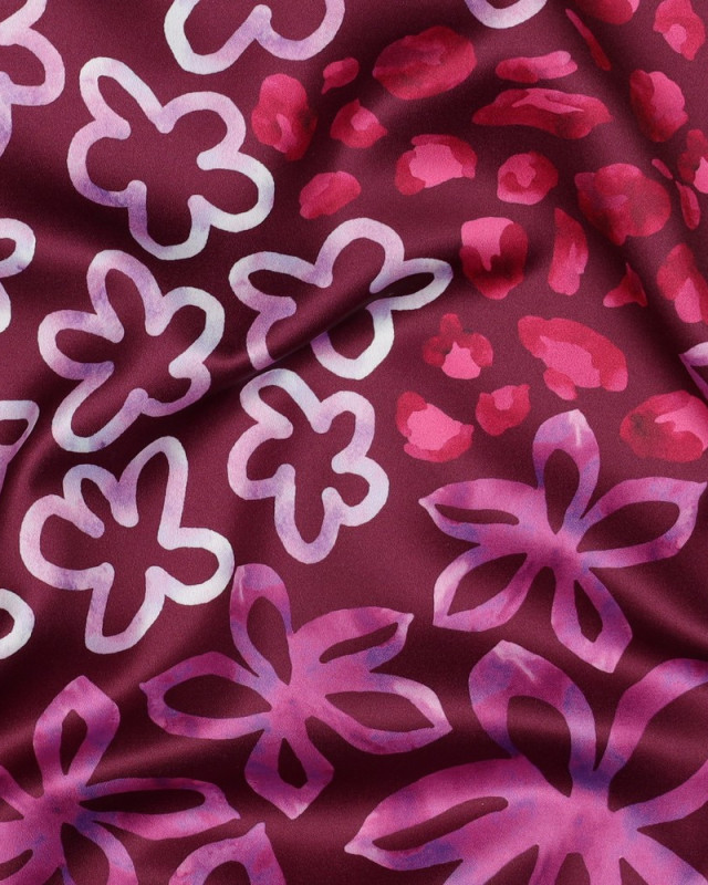 Tissu Micro Satin Motif Léopard Fleuri Fond Prune - Mercerine