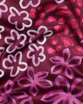 Tissu Micro Satin Motif Léopard Fleuri Fond Prune - Mercerine