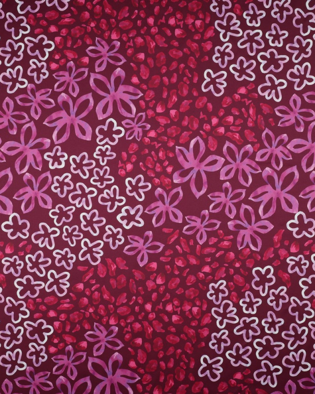 Tissu Micro Satin Motif Léopard Fleuri Fond Prune - Mercerine