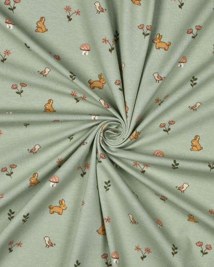 Jersey de Coton Gots Petit Lapin Vert Sauge - Mercerine