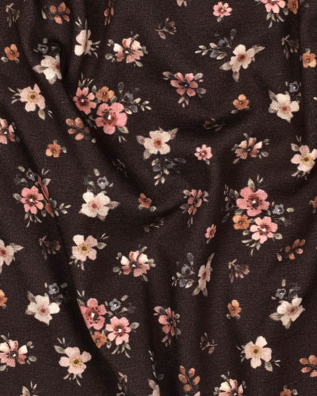 Jersey de Coton Imprimé Digital Petites Fleurs Fond Cacao - Mercerine