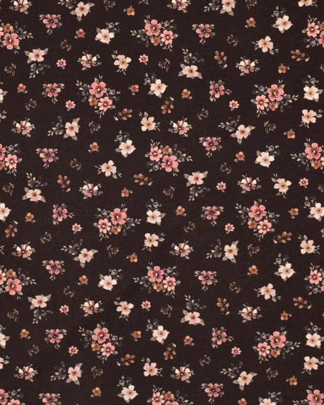 Jersey de Coton Imprimé Digital Petites Fleurs Fond Cacao - Mercerine