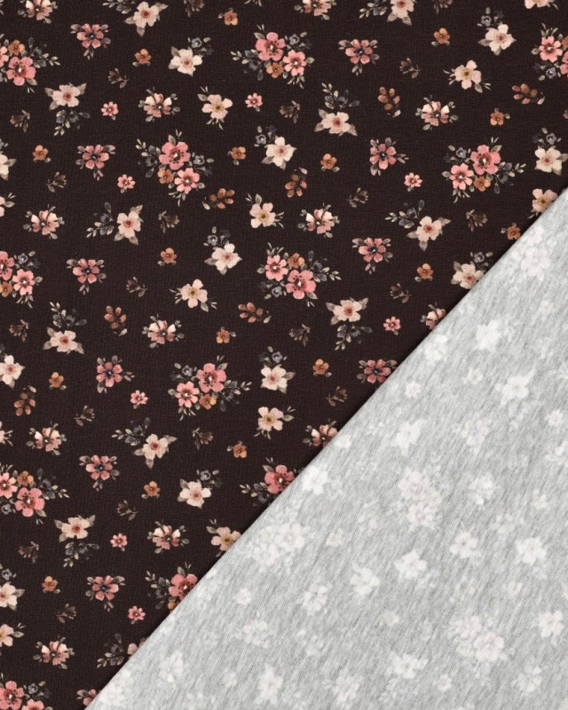 Jersey de Coton Imprimé Digital Petites Fleurs Fond Cacao - Mercerine