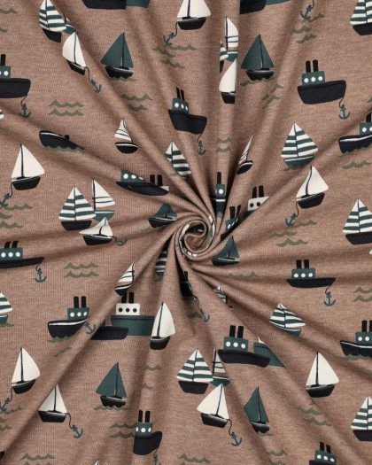 Tissu Jersey Taupe Chiné Motif Bateaux - Mercerine