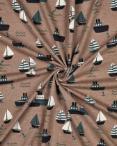 Tissu Jersey Taupe Chiné Motif Bateaux