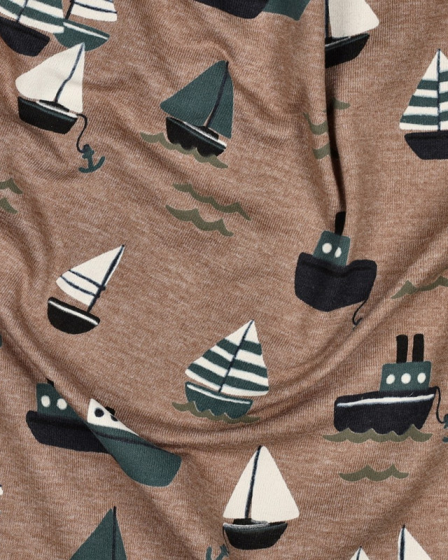 Tissu Jersey Taupe Chiné Motif Bateaux - Mercerine