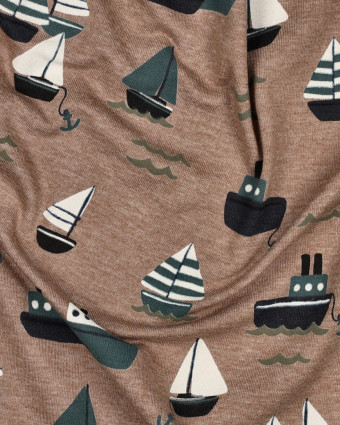 Tissu Jersey Taupe Chiné Motif Bateaux - Mercerine