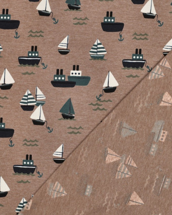 Tissu Jersey Taupe Chiné Motif Bateaux - Mercerine