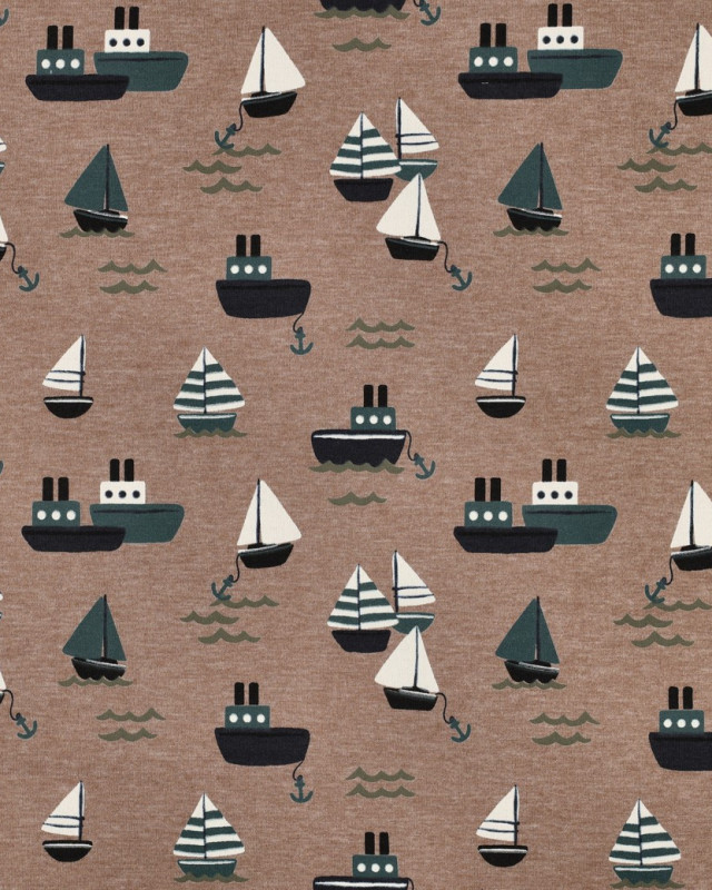 Tissu Jersey Taupe Chiné Motif Bateaux - Mercerine