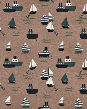 Tissu Jersey Taupe Chiné Motif Bateaux - Mercerine