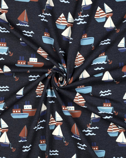 Tissu Jersey Bleu Marine Chiné Motif Bateaux - Mercerine