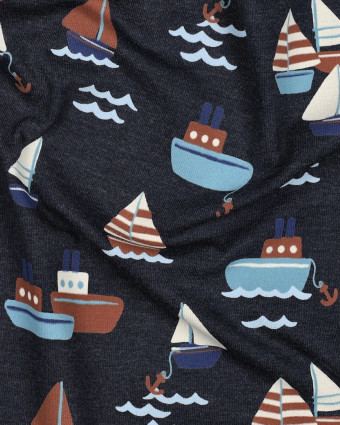 Tissu Jersey Bleu Marine Chiné  Motif Bateaux - Mercerine