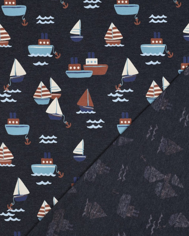 Tissu Jersey Bleu Marine Chiné  Motif Bateaux - Mercerine