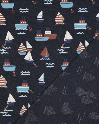 Tissu Jersey Bleu Marine Chiné  Motif Bateaux - Mercerine