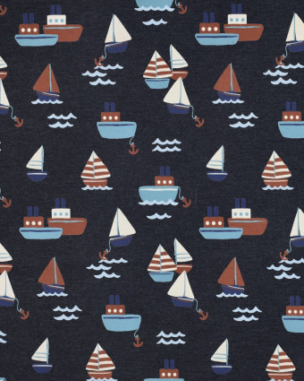 Tissu Jersey Bleu Marine Chiné  Motif Bateaux - Mercerine