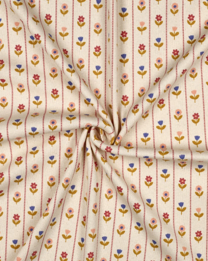 Jersey de Coton Côtelé Flower Fond Beige - Mercerine