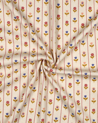 Jersey de Coton Côtelé Flower Fond Beige - Mercerine