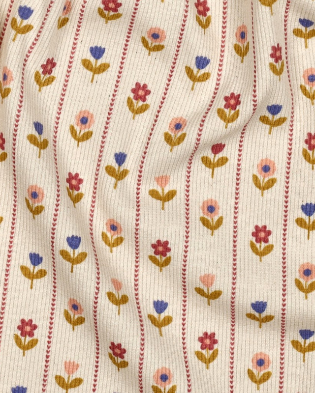 Jersey de Coton Côtelé Flower Fond Beige - Mercerine