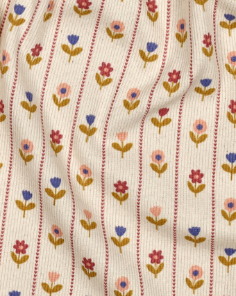 Jersey de Coton Côtelé Flower Fond Beige - Mercerine