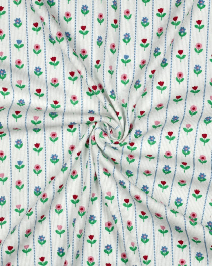 Jersey de Coton Côtelé Flower Fond Blanc - Mercerine