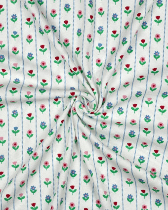 Jersey de Coton Côtelé Flower Fond Blanc - Mercerine