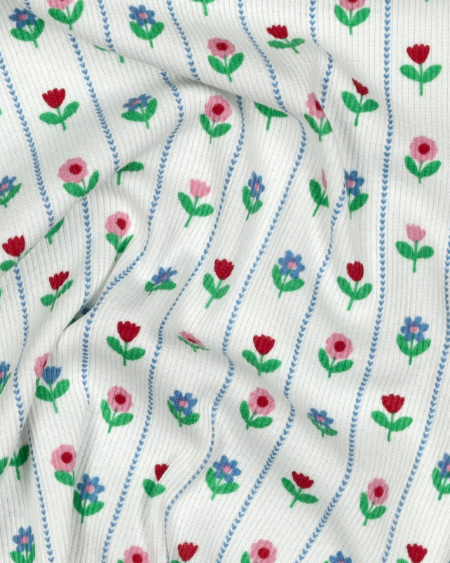 Jersey de Coton Côtelé Flower Fond Blanc - Mercerine
