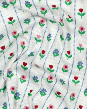 Jersey de Coton Côtelé Flower Fond Blanc - Mercerine