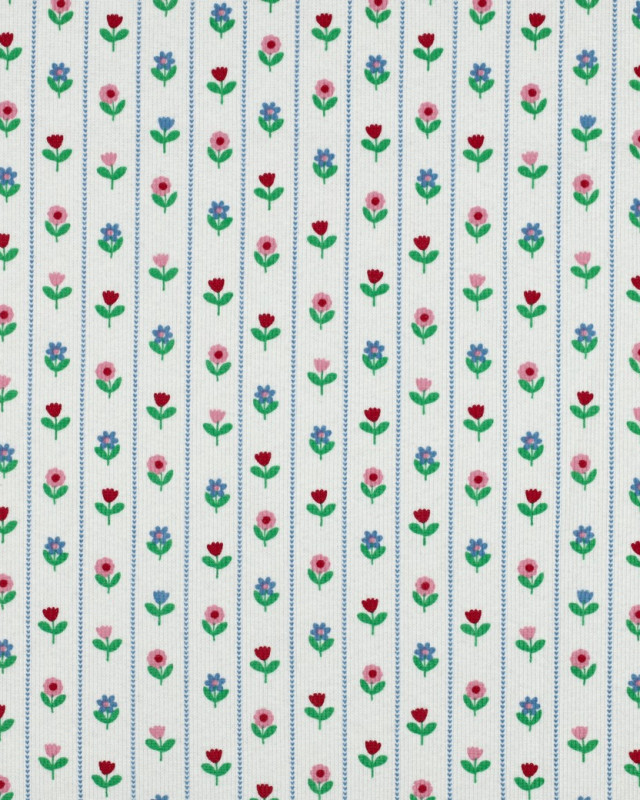 Jersey de Coton Côtelé Flower Fond Blanc - Mercerine