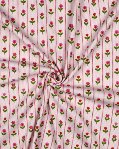 Jersey de Coton Côtelé Flower Fond Rose - Mercerine
