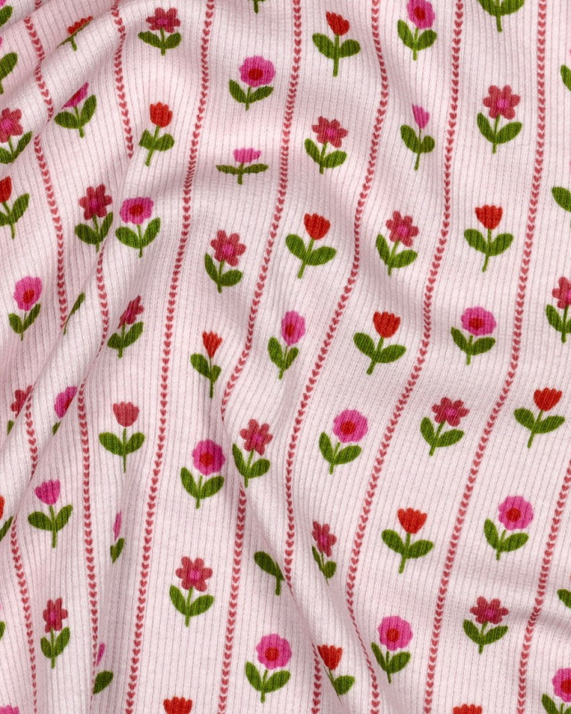 Jersey de Coton Côtelé Flower Fond Rose - Mercerine