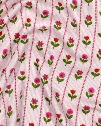 Jersey de Coton Côtelé Flower Fond Rose - Mercerine