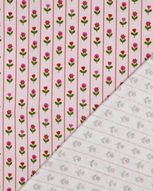 Jersey de Coton Côtelé Flower Fond Rose - Mercerine