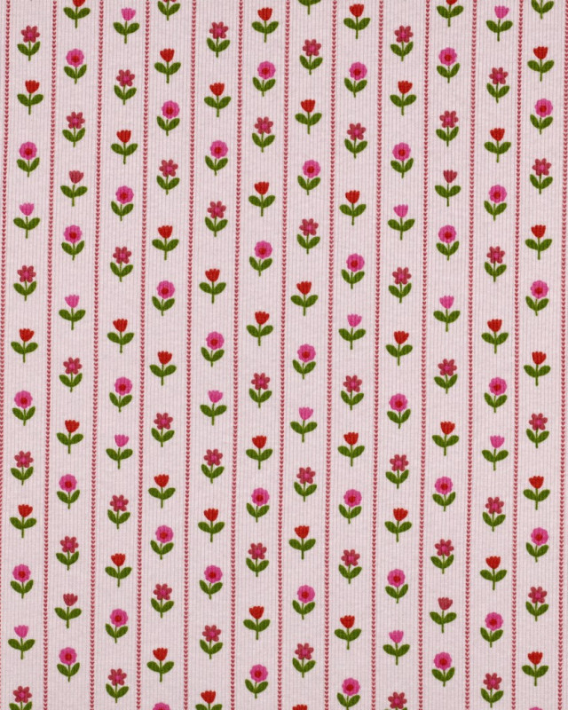 Jersey de Coton Côtelé Flower Fond Rose - Mercerine